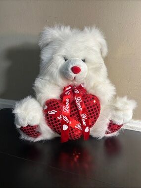 White Plush Bear with Red Sequin Heart - Love You Ribbon 12”. New
